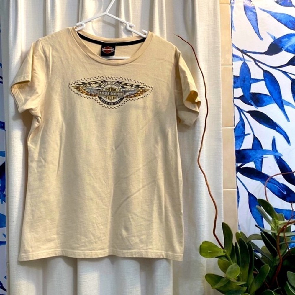 Women’s 100% Cotton Tan Sequined Gainesville Harley Davidson V Neck T-Shirt XL